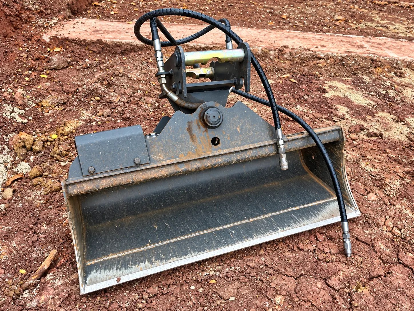 Hydraulischer Grabenräumlöffel mit Schläuchen und MS01-Aufnahme
